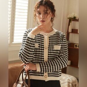 Knit Mix Elegant Knit French Cardigan, Plaid Pattern Pearl Button Front Sweater